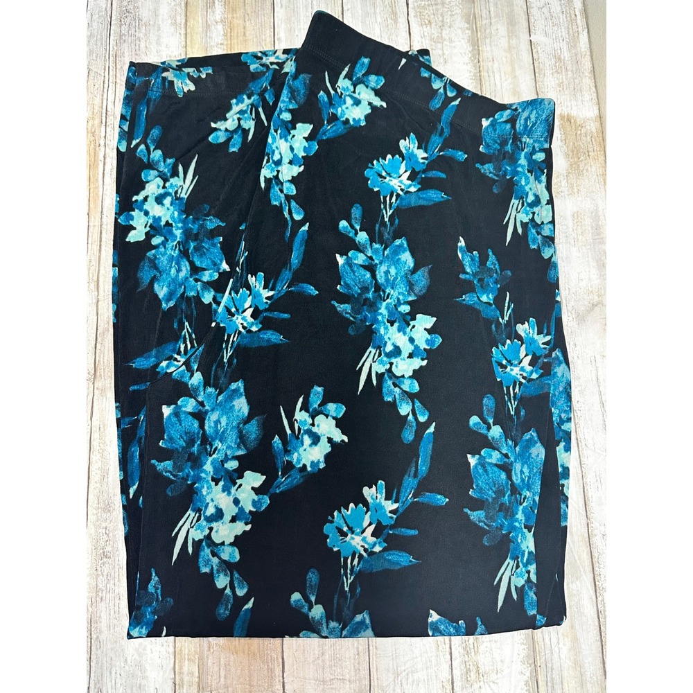 Chicos Travelers Wide Leg Pants Womens 3R (U.S. 16) Blue Floral Black Pull On